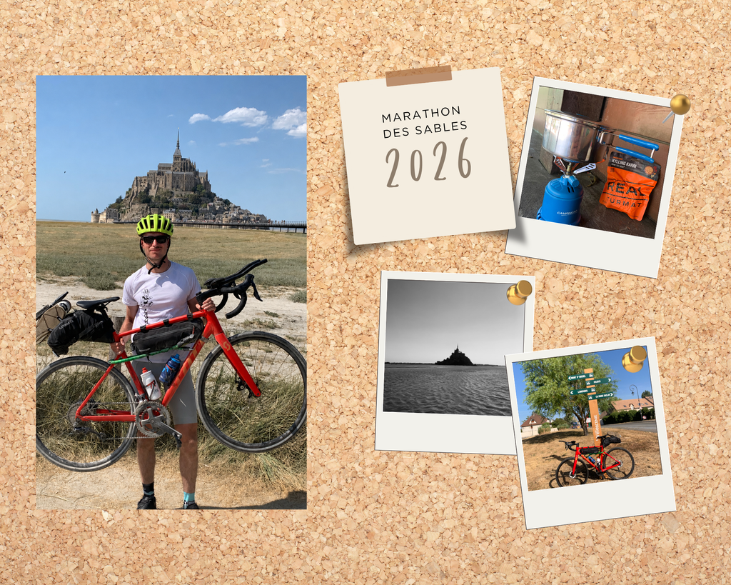 Images d'Adrien devant le Mont Saint-Michel, tenant son vélo, et photos prises sur le trajet. 